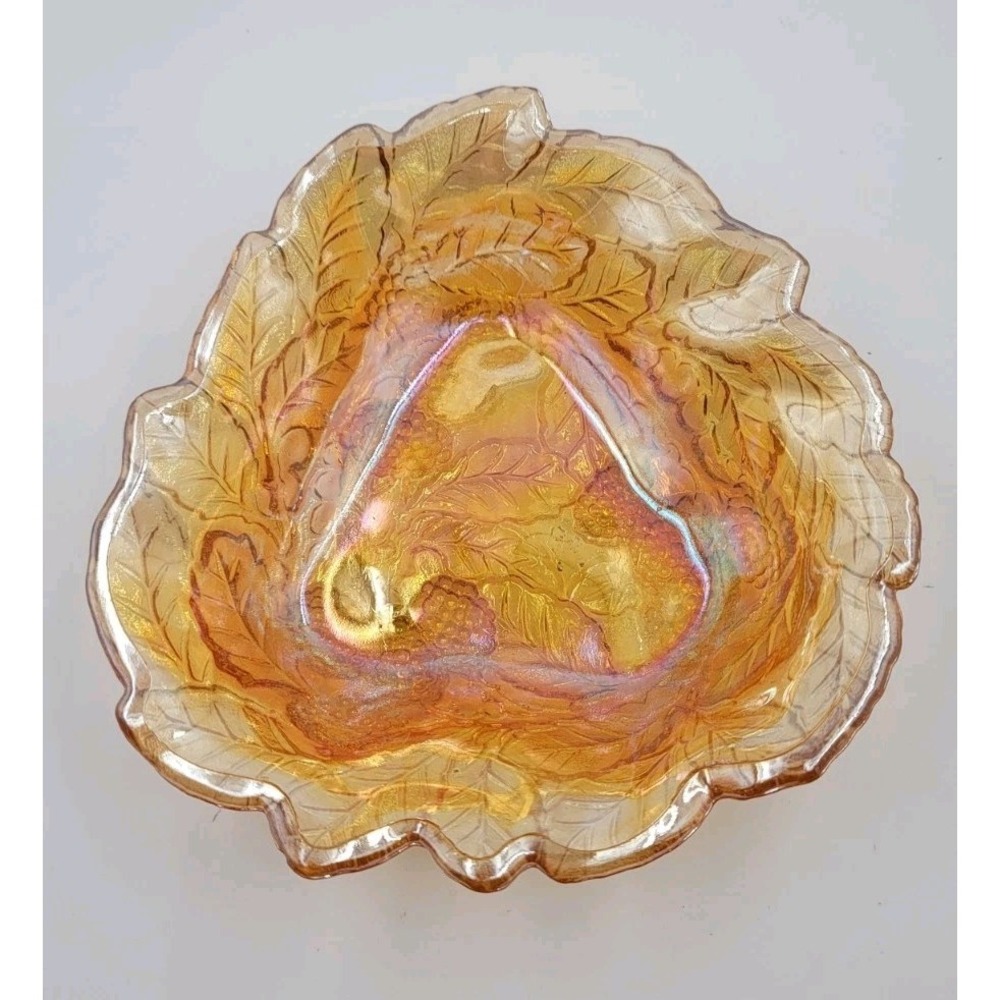 Vintage 70s Marigold Indiana Carnival Glass Iridescent Grapes & Leaves Bowl Dish